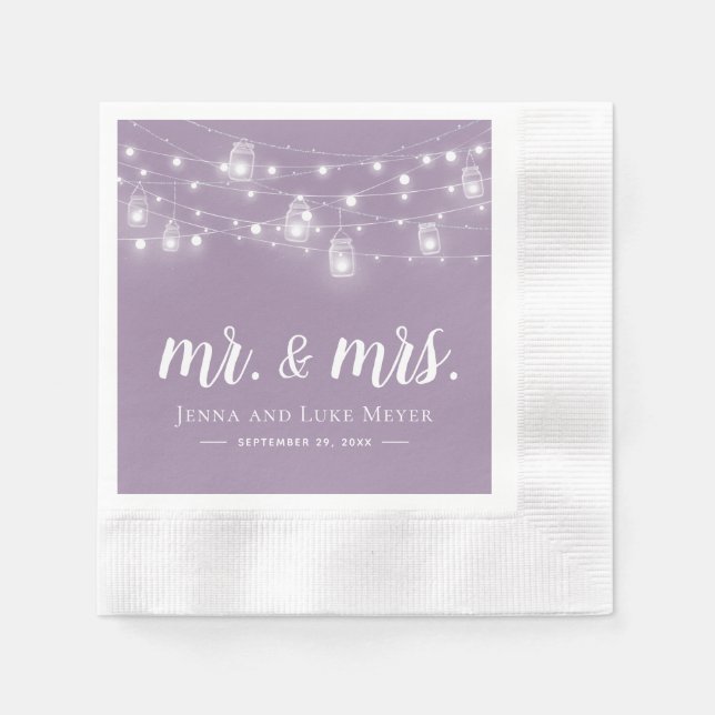 Rustic String Lights Mr. and Mrs. Wedding Monogram Napkins (Front)