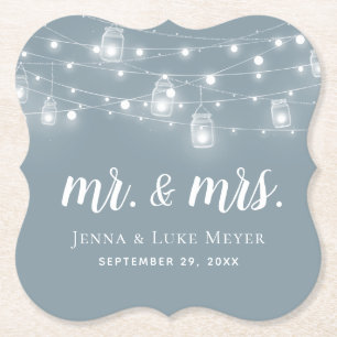 Rustic String Lights Mr. and Mrs. Wedding Monogram Paper Coaster