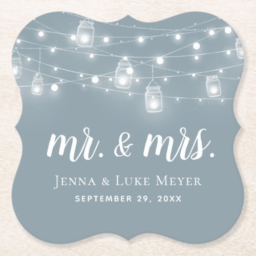 Rustic String Lights Mr and Mrs Wedding Monogram Paper Coaster