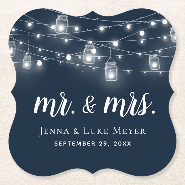 Rustic String Lights Mr. and Mrs. Wedding Monogram Paper Coaster (Front)