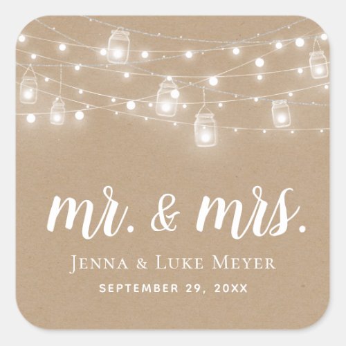Rustic String Lights Mr and Mrs Wedding Monogram Square Sticker