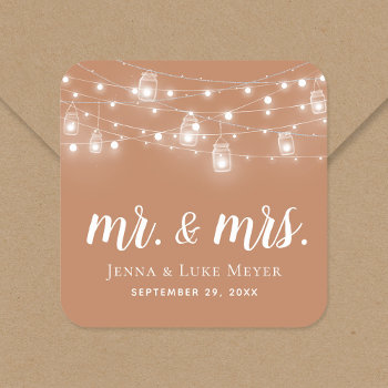 Rustic String Lights Mr. And Mrs. Wedding Monogram Square Sticker by rileyandzoe at Zazzle
