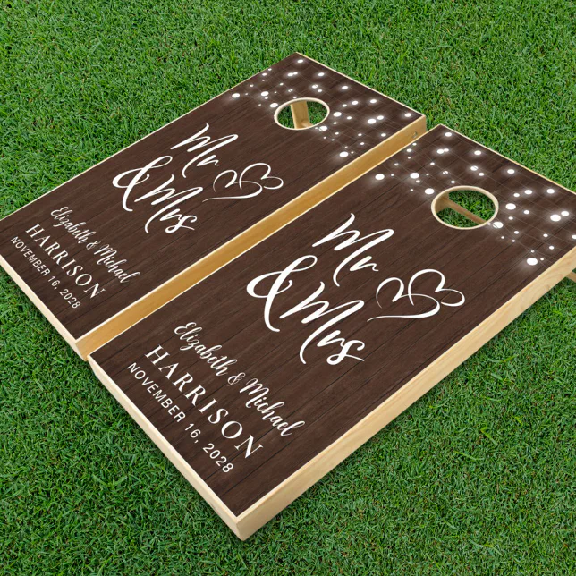 Rustic String Lights Mr Mrs Wedding Wood Cornhole Set | Zazzle