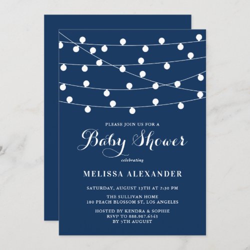 Rustic String Lights Navy Blue Baby Shower Brunch Invitation