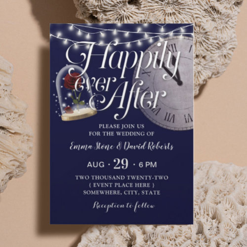 Rustic String Lights Navy Blue Fairytale Wedding Invitation