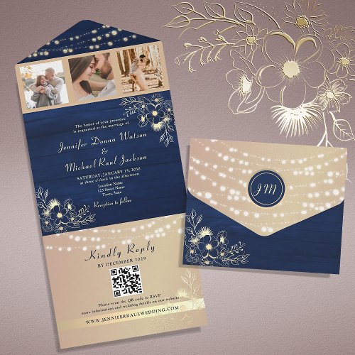 Rustic String Lights Navy Blue Wedding QR Code All In One Invitation