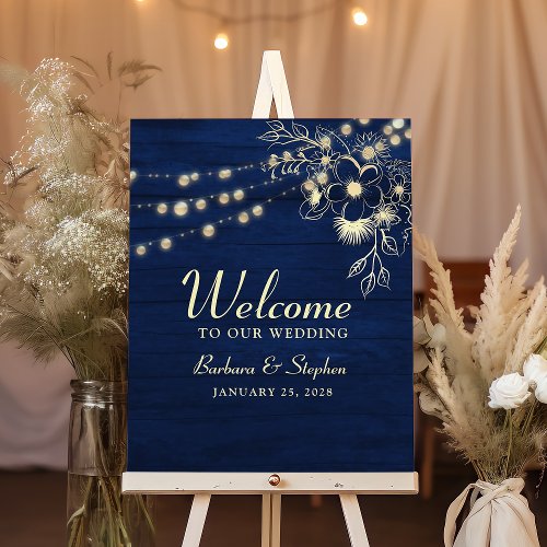 Rustic String Lights Navy Blue Wedding Welcome Poster