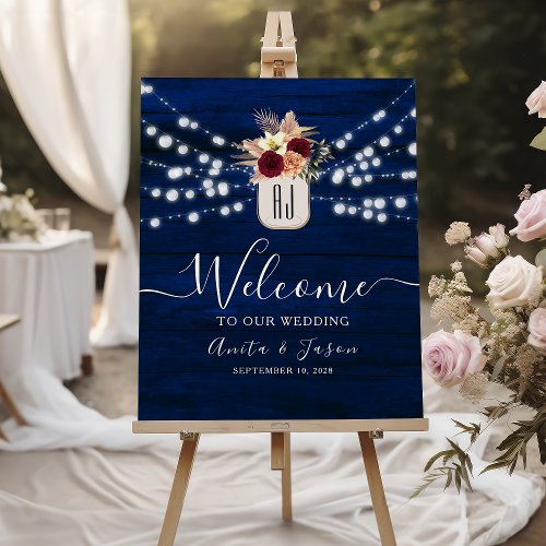 Rustic String Lights Navy Blue Wedding Welcome Poster