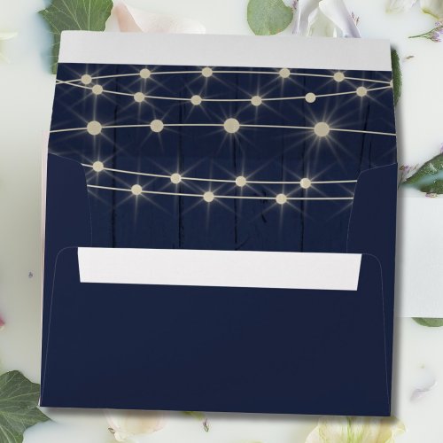 Rustic String Lights Navy Blue Wood Wedding  Envelope