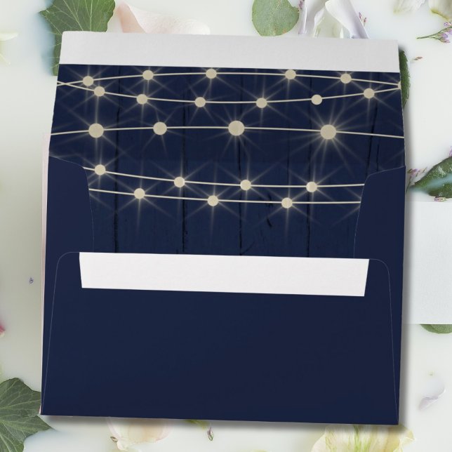Rustic String Lights Navy Blue Wood Wedding  Envelope (Creator Uploaded)