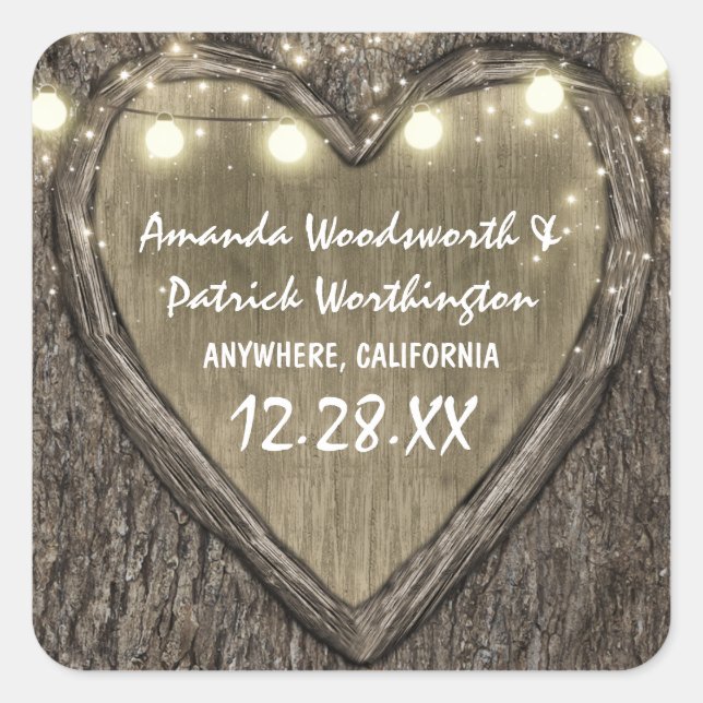 Rustic String Lights Oak Tree Bark Wedding Favors Square Sticker (Front)