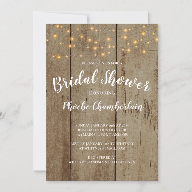 Rustic String Lights On Faux Wood Bridal Shower Invitation (Front)