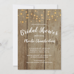 Rustic String Lights On Faux Wood Bridal Shower Invitation