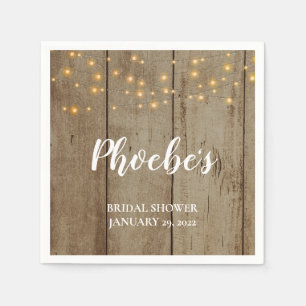 Rustic String Lights on Faux Wood Bridal Shower Napkins