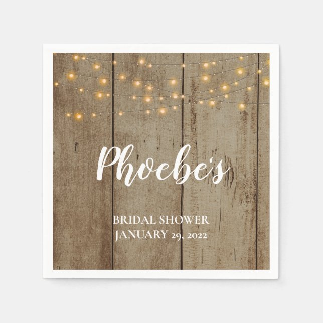 Rustic String Lights on Faux Wood Bridal Shower Napkins (Front)