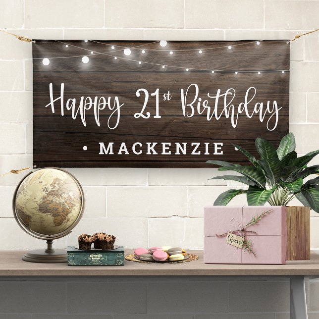Rustic String Lights on Wood 21st Birthday Banner (Creator Uploaded)