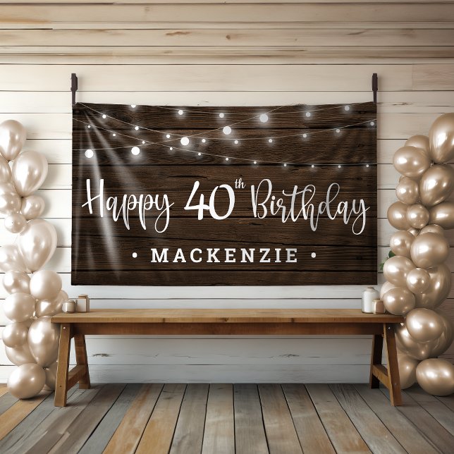 Rustic String Lights on Wood 40th Birthday Banner (Rustic String Lights on Wood 40th Birthday Banner)