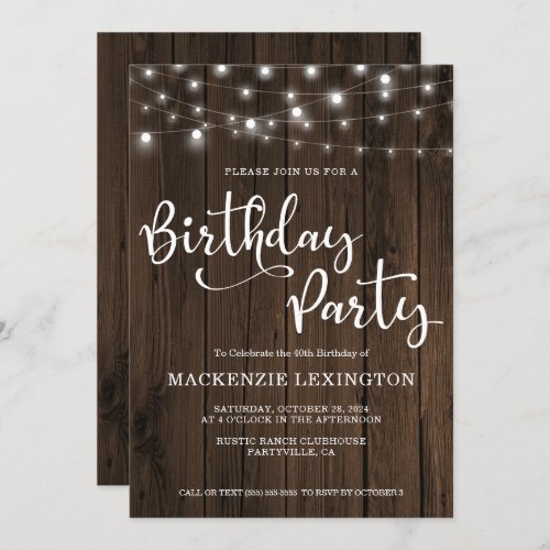 Rustic String Lights on Wood  40th Birthday Party Invitation