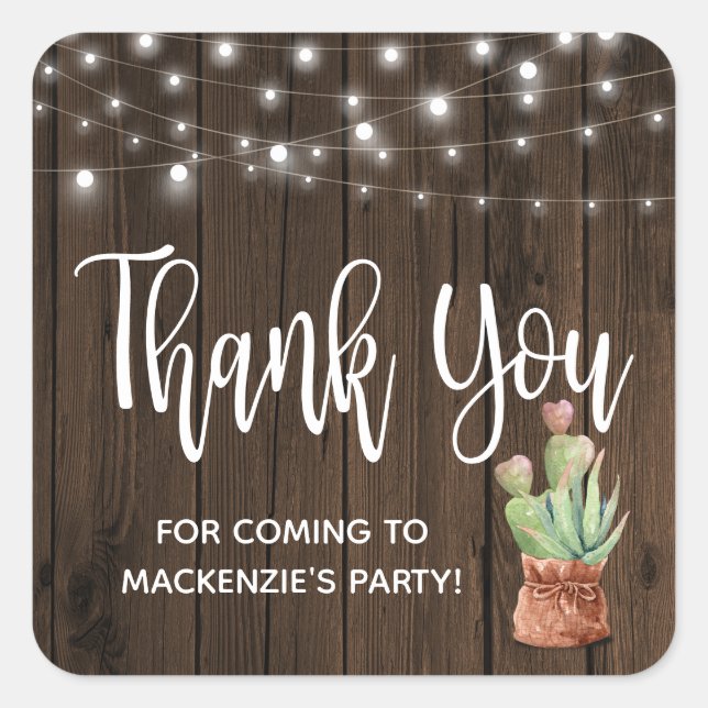 Rustic String Lights on Wood Cactus Thank You Square Sticker (Front)
