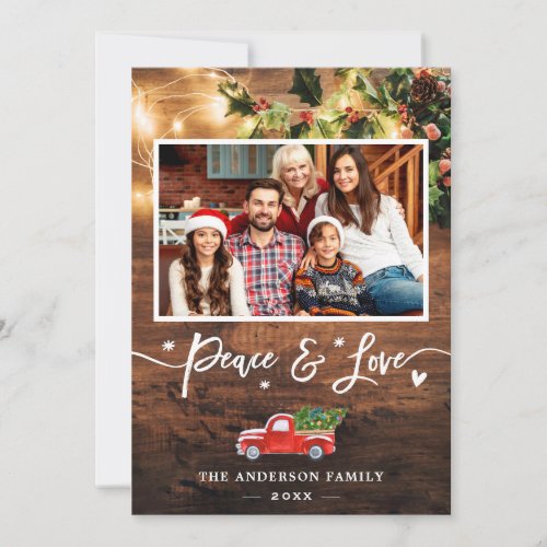 Rustic String Lights Peace Love Red Truck Photo Holiday Card