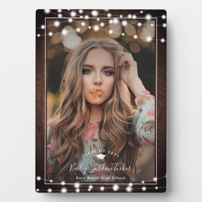 Rustic String Lights Photo Graduation Keepsake Plaque (Front)
