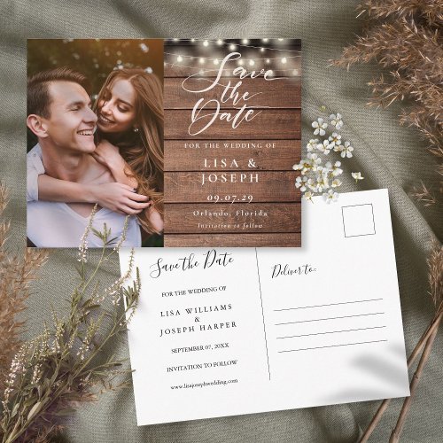 Rustic String Lights Photo Wedding Save the Date Postcard