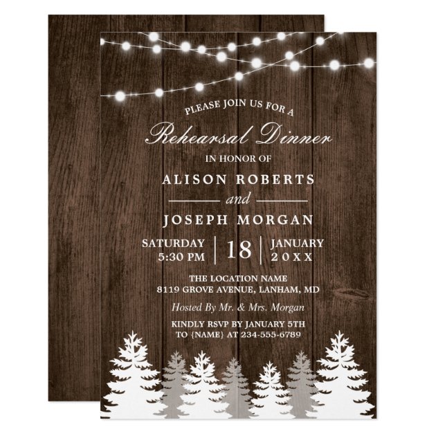 Rustic String Lights Pine Tree Rehearsal Dinner Invitation