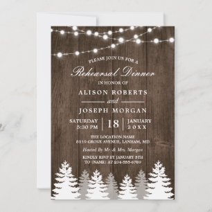 Rustic String Lights Pine Tree Rehearsal Dinner Invitation