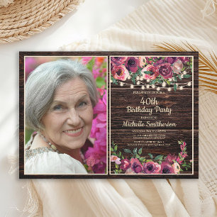 Rustic String Lights Pink Floral Birthday Photo Invitation