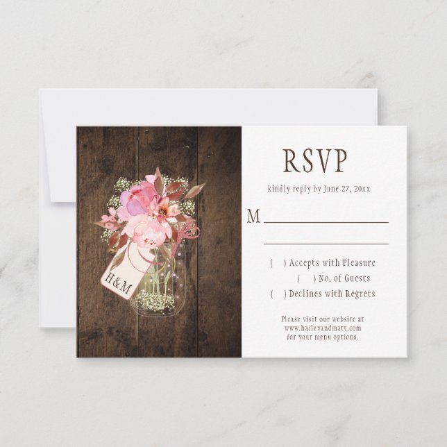 Rustic String Lights Pink Mason Jars RSVP Card (Front)