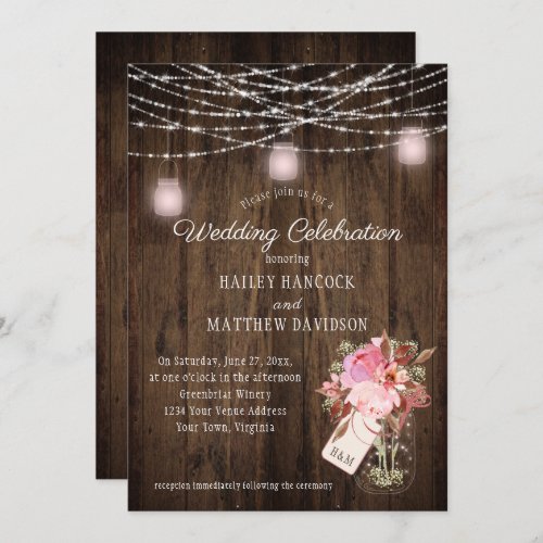 Rustic String Lights Pink Mason Jars Wedding Invitation