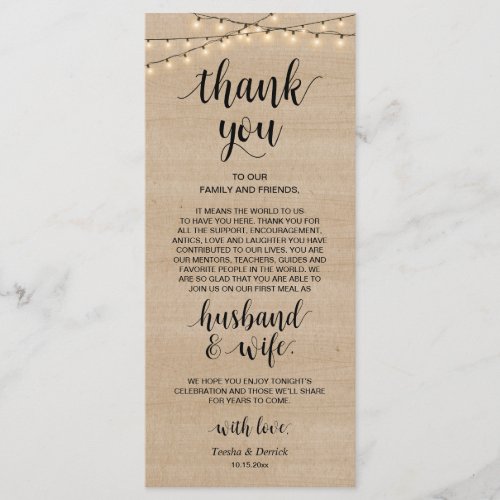 Rustic String lights Place Setting Thank You Card