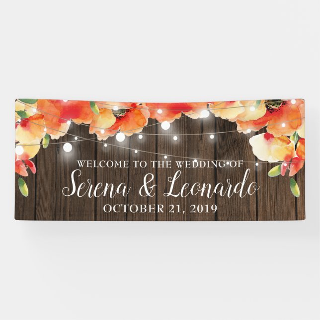 Rustic String Lights Poppy Wedding Welcome Banner (Horizontal)