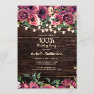 Rustic String Lights Purple Floral 100th Birthday Invitation