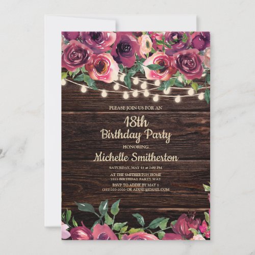 Rustic String Lights Purple Floral 18th Birthday Invitation