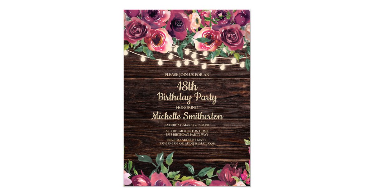 Rustic String Lights Purple Floral 18th Birthday Invitation | Zazzle.com