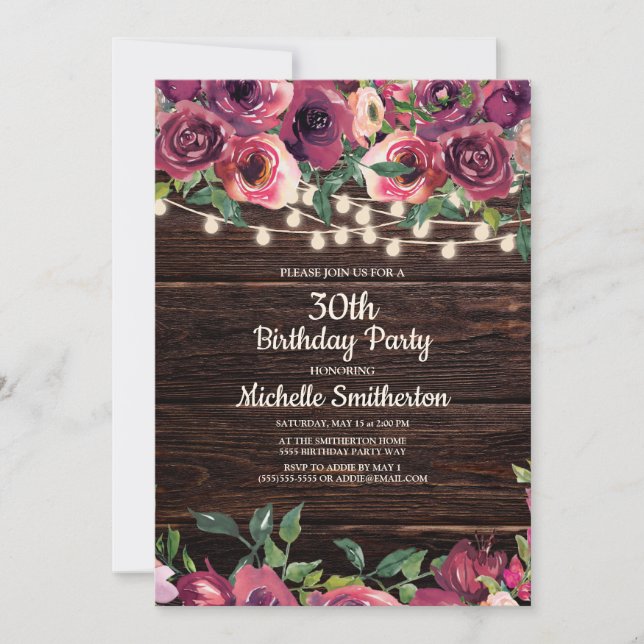 Rustic String Lights Purple Floral 30th Birthday Invitation (Front)
