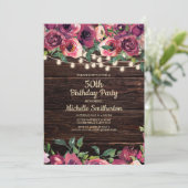 Rustic String Lights Purple Floral 50th Birthday Invitation (Standing Front)