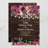 Rustic String Lights Purple Floral 50th Birthday Invitation (Front/Back)