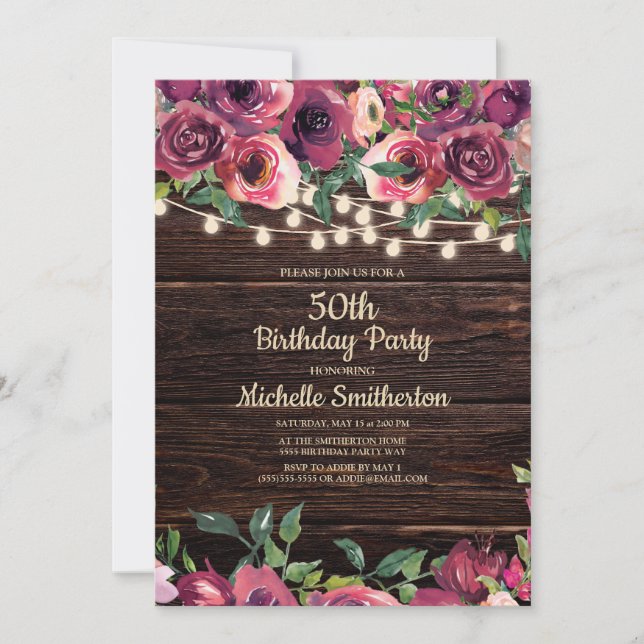 Rustic String Lights Purple Floral 50th Birthday Invitation (Front)