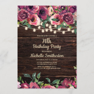 Rustic String Lights Purple Floral 70th Birthday Invitation