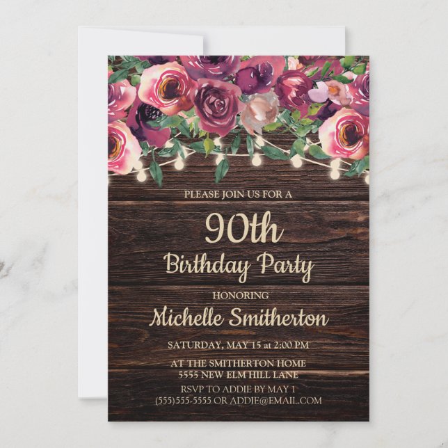 Rustic String Lights Purple Floral 90th Birthday Invitation (Front)