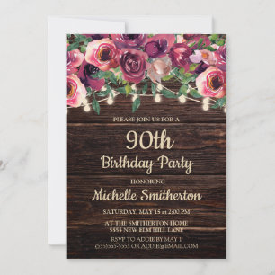 Rustic String Lights Purple Floral 90th Birthday Invitation