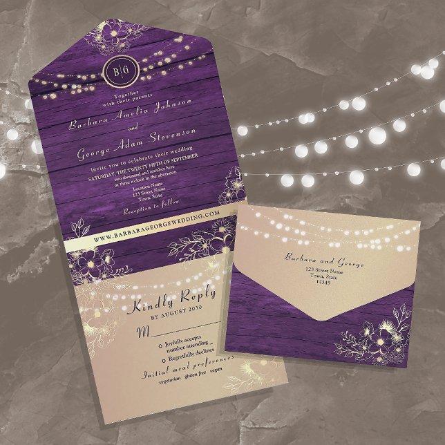 Rustic String Lights Purple Wedding All In One Invitation (Creator Uploaded)