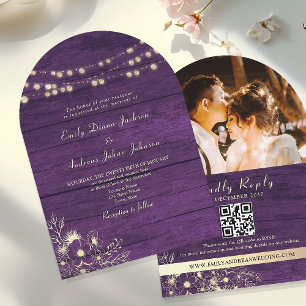 Rustic String Lights Purple Wedding QR Code Invitation
