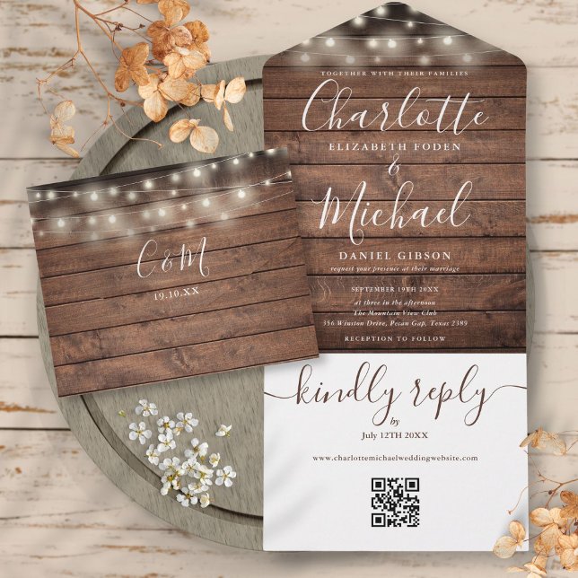 Rustic String Lights QR Code Monogram Wedding  All In One Invitation (Rustic String Lights QR Code Monogram Wedding All In One Invitation)