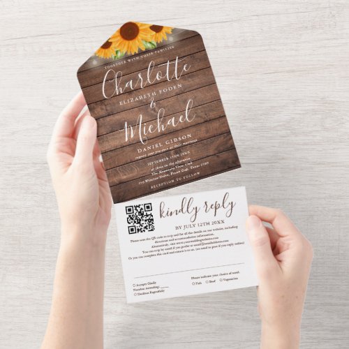 Rustic String Lights QR Code Sunflowers Wedding  All In One Invitation