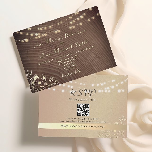 Rustic String Lights QR Code Wedding  Invitation (Creator Uploaded)