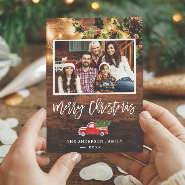 Rustic String Lights Red Christmas Truck Photo Holiday Card (Creator Uploaded)