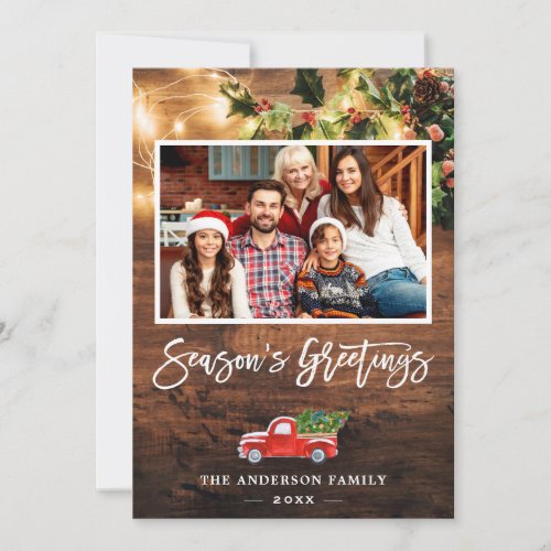 Rustic String Lights Red Truck Photo Greeting Holiday Card